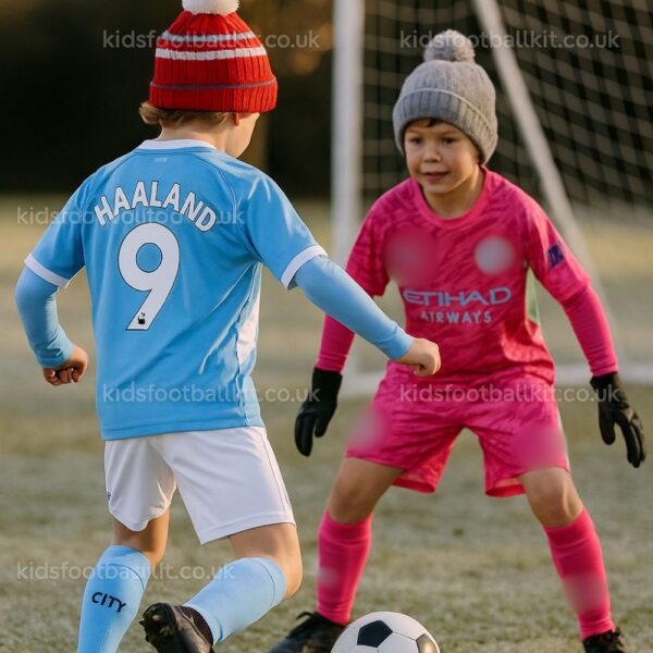 Manchester City Christmas Gift Bundle – Home & Goalkeeper Kids Football Kit 2025_26 (With socks) – HAALAND 9 & TRAFFORD 1-image