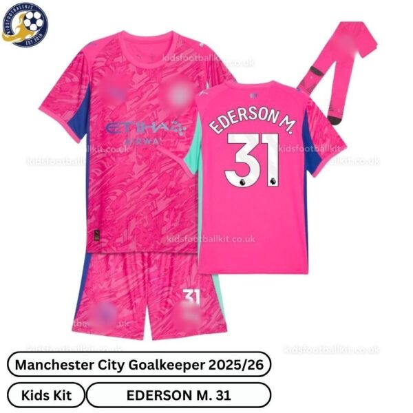 Manchester City Goalkeeper Kids Football Kit 2025_26 – EDERSON M. 31 (With Socks) – Pink-overivew-b