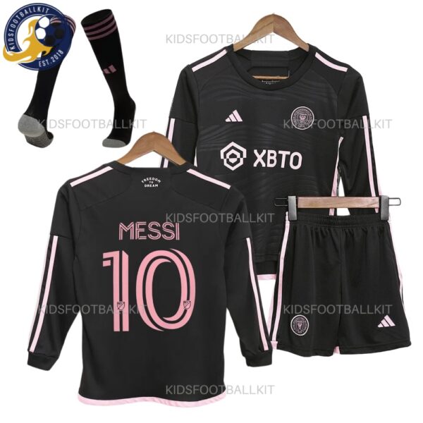 Inter Miami Away Kids Kit Long Sleeve - Front Shirt View With Socks - MESSI 10