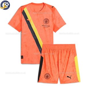 Manchester City 25/26 Orange KidSuper Kids Football Kit - Front View