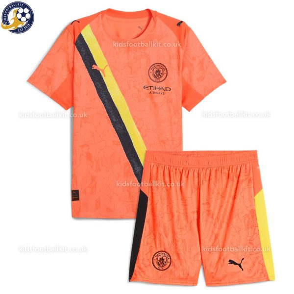 Manchester City 25/26 Orange KidSuper Kids Football Kit - Front View