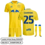Leeds United Away Kids Football Kit 2024/25 - CHAMPIONS 25 (Over view) blur