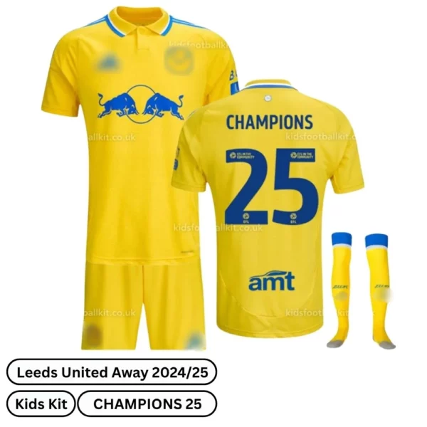 Leeds United Away Kids Football Kit 2024/25 - CHAMPIONS 25 (Over view) blur
