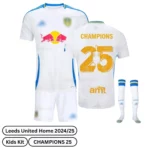 Leeds United Home Kids Football Kit 2024/25 - CHAMPIONS 25 (over view) blur