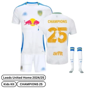 Leeds United Home Kids Football Kit 2024/25 - CHAMPIONS 25 (over view) blur