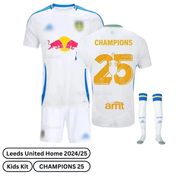 Leeds United Home Kids Football Kit 2024/25 - CHAMPIONS 25 (over view) blur