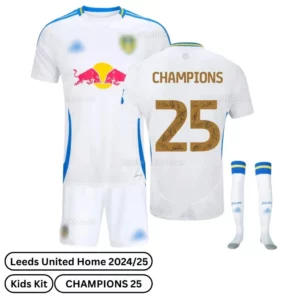 Leeds United Signature Home Kids Football Kit 2024/25 - CHAMPIONS 25 (Over view)