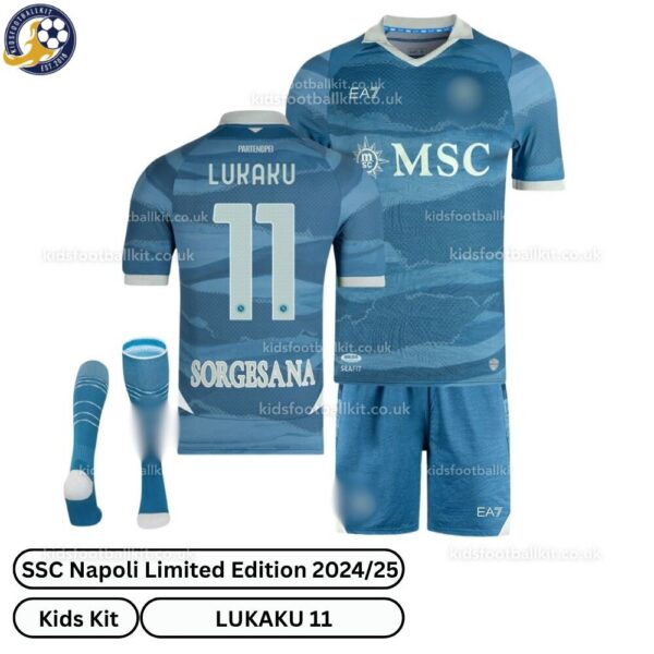 SSC Napoli Limited Edition Kids Football Kit 202425 – LUKAKU 11 (With Socks)-over view-b