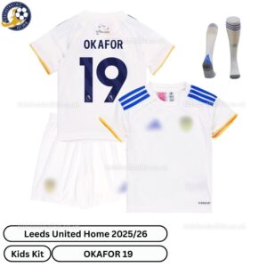 Leeds United OKAFOR 19 Home 25 26 Kids Football Kit-over view with socks