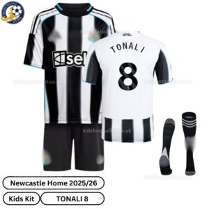 Newcastle United Tonali 8 Home 25 26 Kids Football Kit-over view with socks