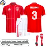 Nottingham Forest Williams 3 Home 25 26 Kids Football Kit-over view with socks