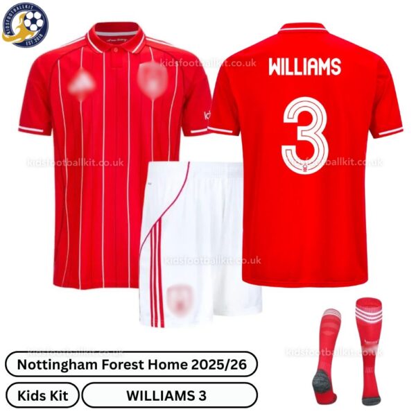 Nottingham Forest Williams 3 Home 25 26 Kids Football Kit-over view with socks