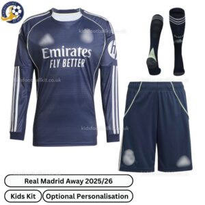 Real madrid away Kids Football Kit 2025_26 - Long Sleeve - front view with socks