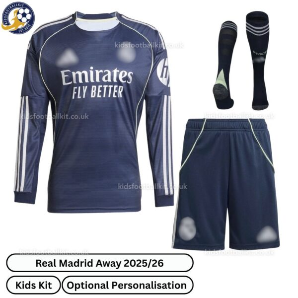 Real madrid away Kids Football Kit 2025_26 - Long Sleeve - front view with socks