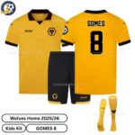 Wolves GOMES 8 Home 25 26 Kids Football Kit-over view with socks