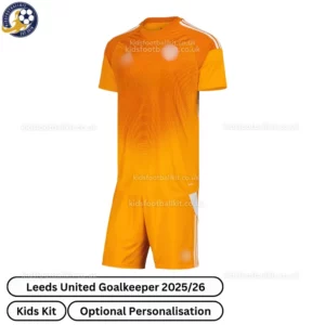 Leeds United Goalkeeper Kids Football Kit 2025_26 (No Socks) – Orange-front view-blur