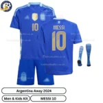 Argentina Away Men & Kids Football Kit 2024_25 – MESSI 10 (With Socks)