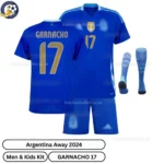 Argentina Away Men and Kids Football Kit 2024_25 – GARNACHO 17 (With Socks)