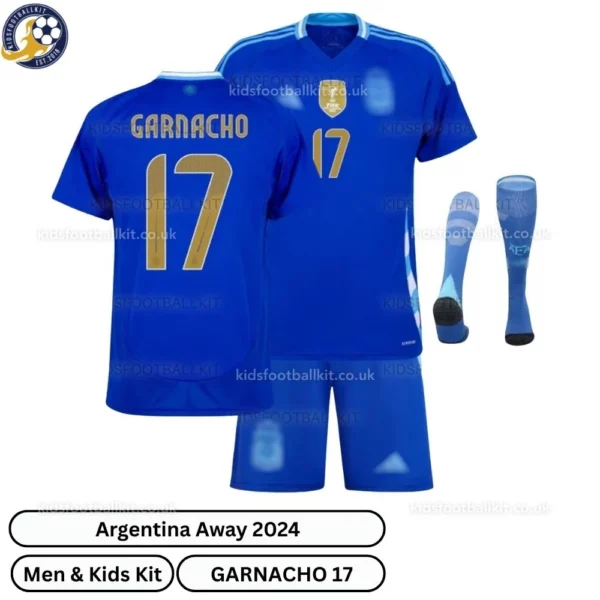 Argentina Away Men and Kids Football Kit 2024_25 – GARNACHO 17 (With Socks)
