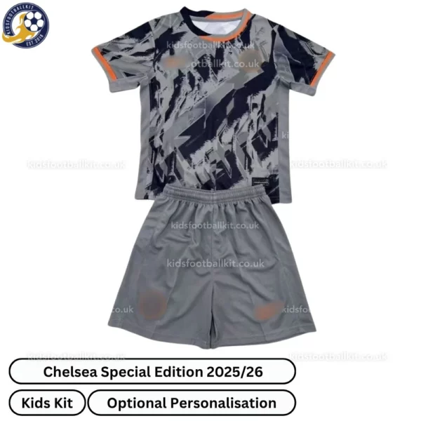 Chelsea Special Edition Kids Football Kit 2025_26 (No Socks) – Grey Fan Version-front view-blur