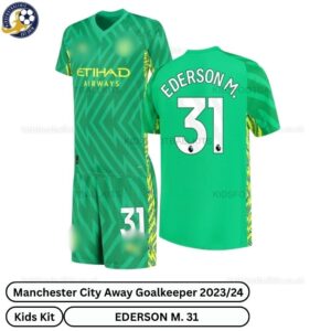 Manchester City Away Goalkeeper Kids Football Kit 202324 – EDERSON M. 31 -over view-blur