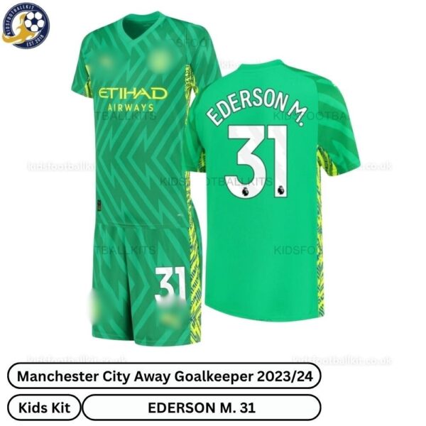 Manchester City Away Goalkeeper Kids Football Kit 202324 – EDERSON M. 31 -over view-blur