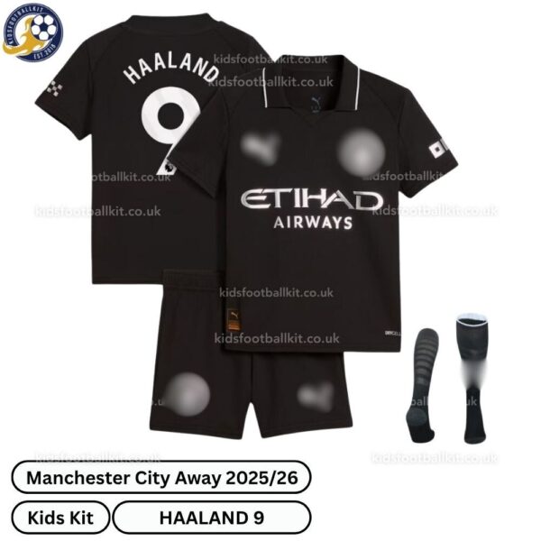 Manchester City Away Kids Football Kit 25_26-HAALAND 9-over view-blur