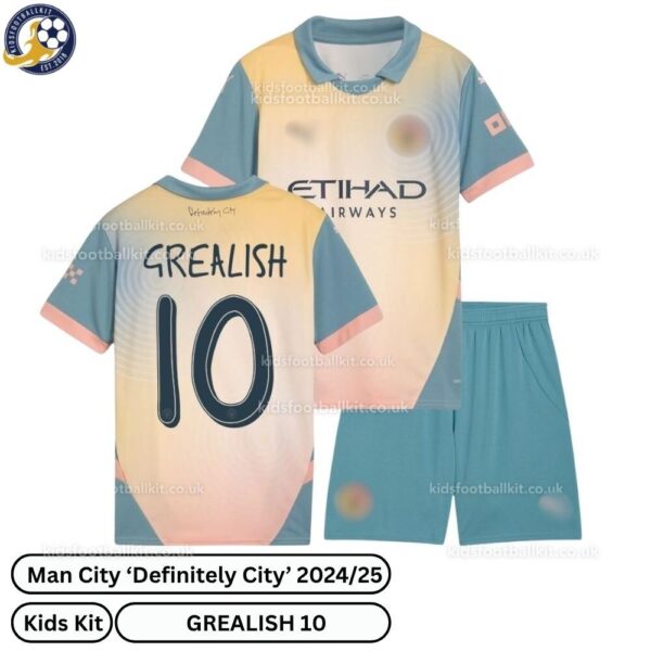 Manchester City Definitely City Kids Football Kit 24_25 -GREALISH 10- over view-blur