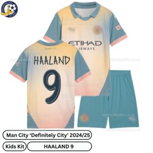 Manchester City Definitely City Kids Football Kit 24_25 -HAALAND 9- over view-blur