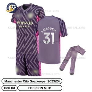 Manchester City Goalkeeper Kids Football Kit 23_24 - EDERSON M.31-over view with socks-blur