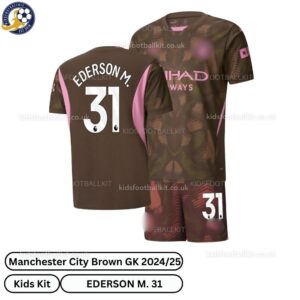 Manchester City Goalkeeper Kids Football Kit 24_25 -EDERSON M. 31 - over view-brown-blur