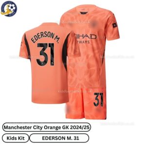 Manchester City Goalkeeper Kids Football Kit 24_25 -EDERSON M. 31 - over view-orange-blur