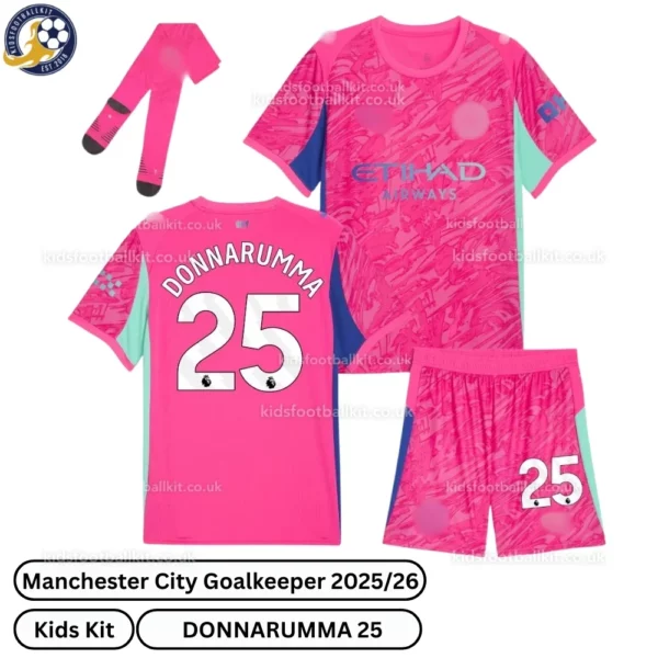 Manchester City Goalkeeper Kids Kit 25_26- DONNARUMMA 25 - Pink - over view