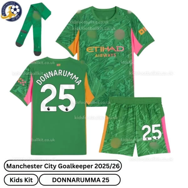 Manchester City Goalkeeper Kids Kit 25_26- DONNARUMMA 25 - green - over view