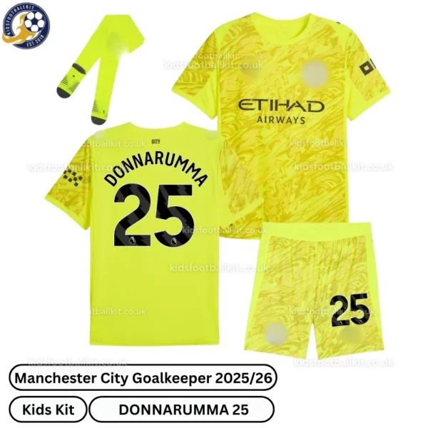 Manchester City Goalkeeper Kids Kit 25_26- DONNARUMMA 25 - yellow - over view