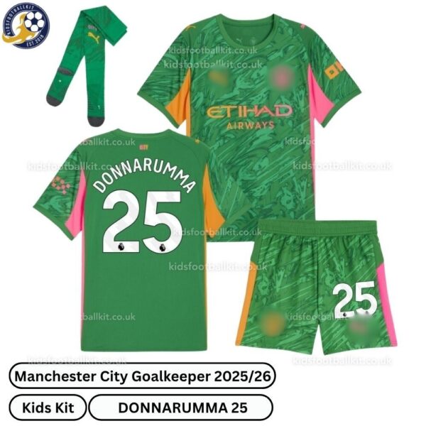 Manchester City Goalkeeper kids football kit 25_26-DONNARUMMA 25-over view-green-blur