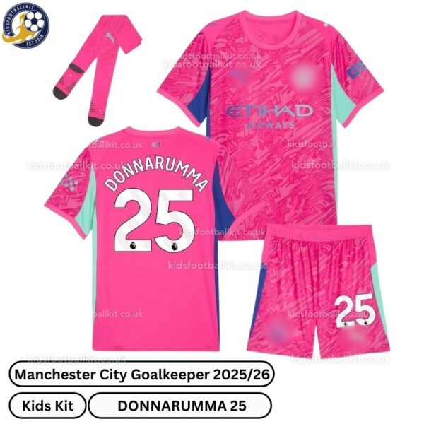 Manchester City Goalkeeper kids football kit 25_26-DONNARUMMA 25-over view-pink-blur