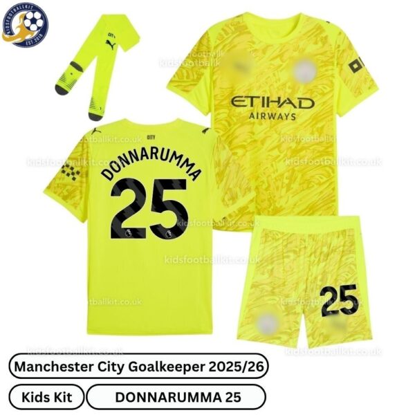 Manchester City Goalkeeper kids football kit 25_26-DONNARUMMA 25-over view-yellow-blur