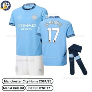 Manchester City Home Kids Football Kit 24_25-DE BRUYNE 17-over view with socks-blur