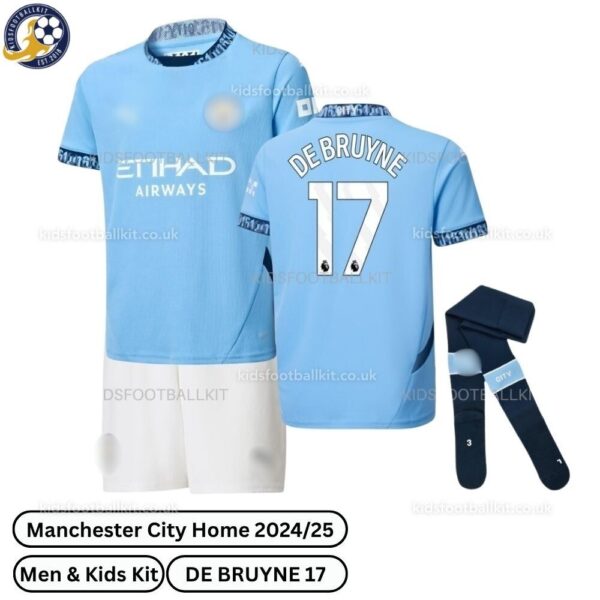 Manchester City Home Kids Football Kit 24_25-DE BRUYNE 17-over view with socks-blur