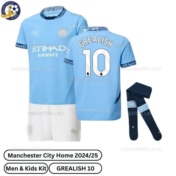 Manchester City Home Kids Football Kit 24_25-GREALISH 10-over view with socks-blur