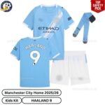 Manchester City Home Kids Football Kit 25_26-HAALAND 9-over view with socks -blur