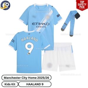 Manchester City Home Kids Football Kit 25_26-HAALAND 9-over view with socks -blur