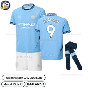 Manchester City Home Men & Kids Football Kit 24_25-HAALANd 9-over view-blur