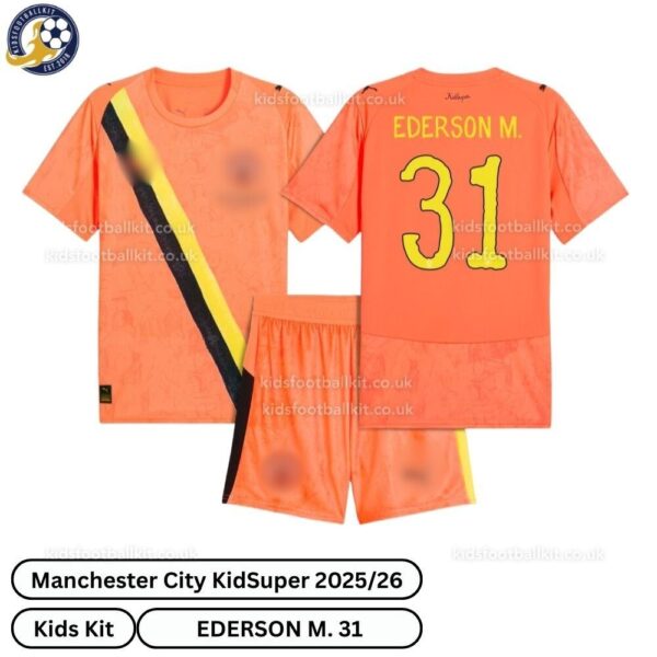 Manchester City Kidsuper Kids Football Kit 25_26- EDERSON M. 31- over view-blur