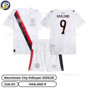 Manchester City Kidsuper Kids Football Kit 25_26- HAALAND 9- over view-blur