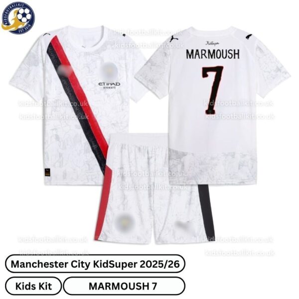 Manchester City Kidsuper Kids Football Kit 25_26- MARMOUSH 7- over view-blur