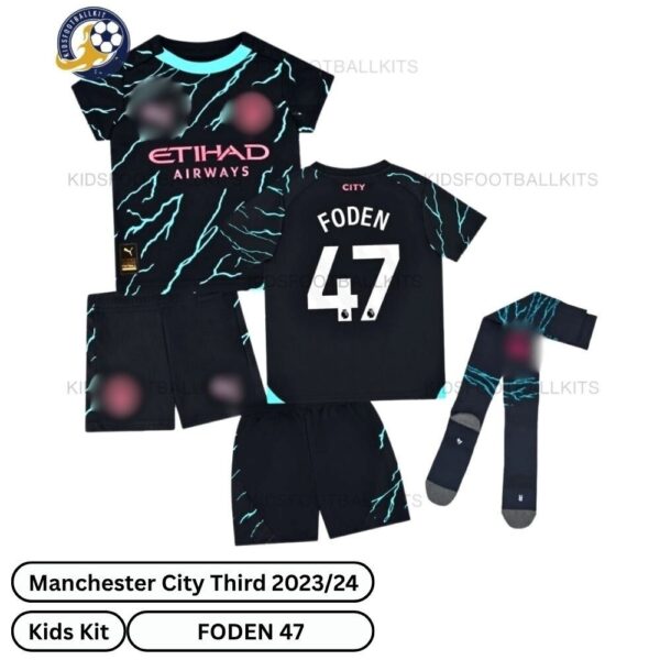 Manchester City Third Kids Football Kit 23_24 - FODEN 47-over view with socks-blur