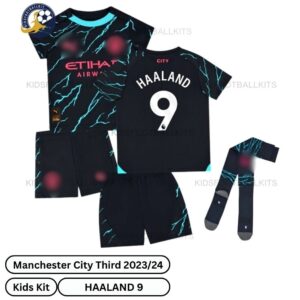 Manchester City Third Kids Football Kit 23_24 - HAALAND 9-over view with socks-blur