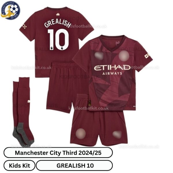 Manchester City Thirrd Kids Football Kit 25_26-GREALISH 10-over view with socks -blur